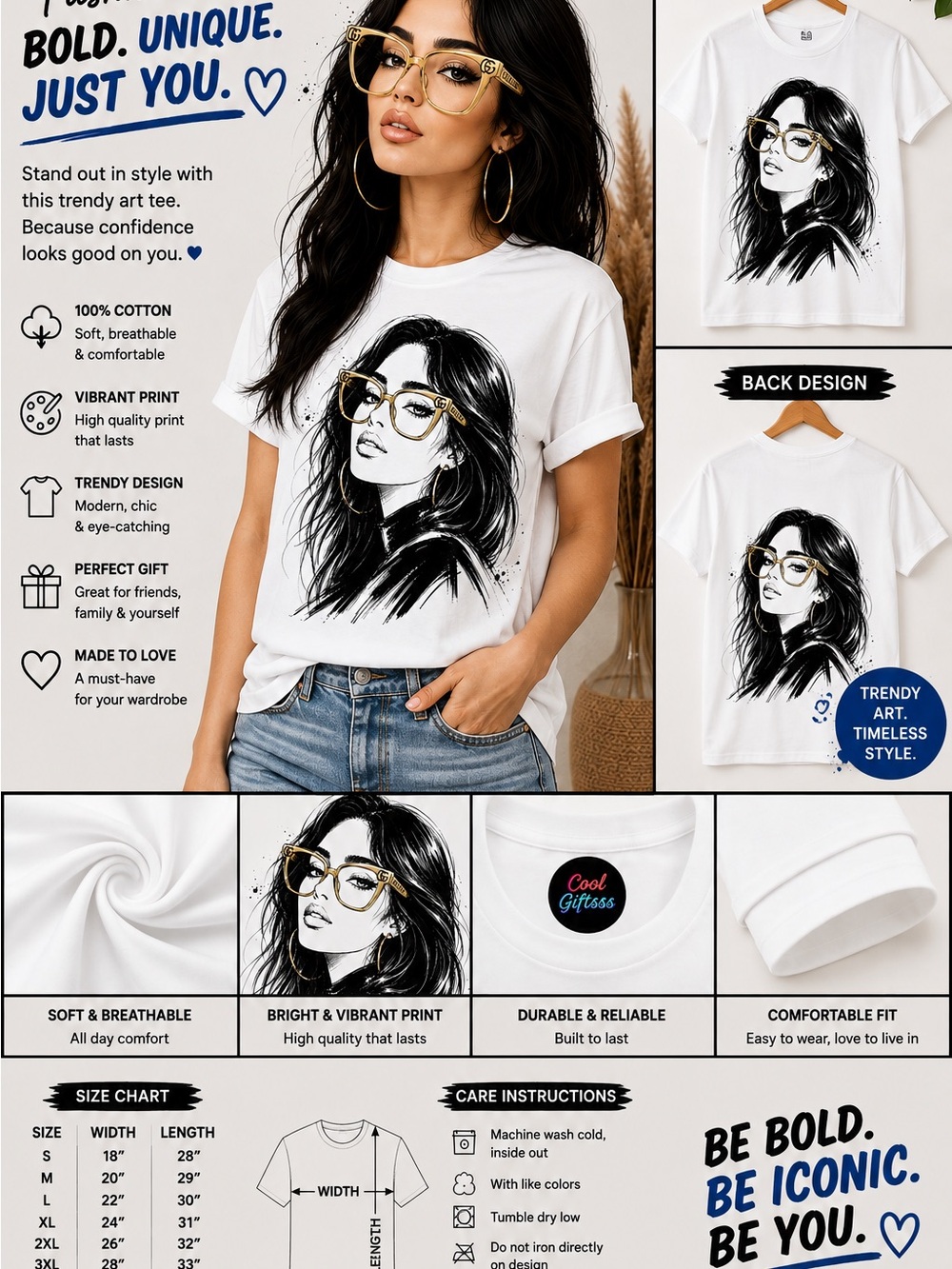 Custom Chic Graphic Tee with Gold Glasses Illustration. S M L XL Made to order